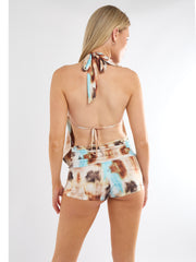 Printed Halter Backless Top & Ruched Shorts Co-ord