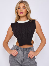 Cropped Cable Knit Vest - Black