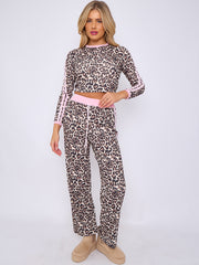 Leopard Print Ribbed Crop Top & Trouser Co-ord With Stripe Detail