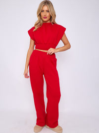 Cap Sleeve Crop Top & Wide Leg Trouser Fleece Co-ord - Red