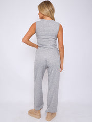 Melange Knit Crop Top & Trouser Co-ord With Button Detail