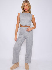 Melange Knit Crop Top & Trouser Co-ord With Button Detail