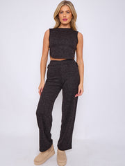 Melange Knit Crop Top & Trouser Co-ord With Button Detail