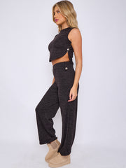 Melange Knit Crop Top & Trouser Co-ord With Button Detail