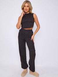 Melange Knit Crop Top & Trouser Co-ord With Button Detail - Black