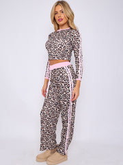 Leopard Print Ribbed Crop Top & Trouser Co-ord With Stripe Detail
