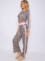 Leopard Print Ribbed Crop Top & Trouser Co-ord With Stripe Detail