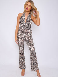 Leopard Print Open Back Halter Jumpsuit - Animal