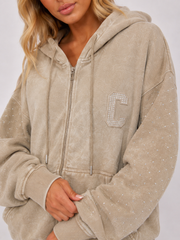 Diamanté Acid Wash Zip Hoodie & Trouser Co-Ord Set