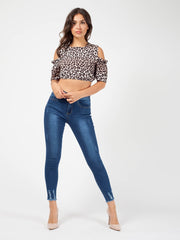Leopard Print Cold Shoulder Crop Top