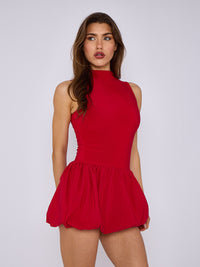 Slinky Puffed Hem Mini Balloon Dress - Red