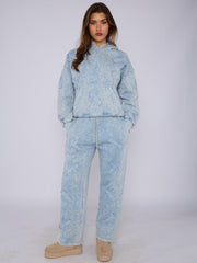 Acid Wash Oversized Crucifix Embroidered Hooded Fleece Co-ord