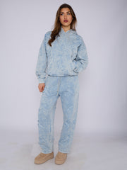 Acid Wash Oversized Crucifix Embroidered Hooded Fleece Co-ord