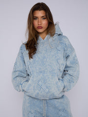 Acid Wash Oversized Crucifix Embroidered Hooded Fleece Co-ord