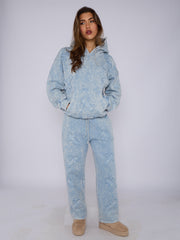 Acid Wash Oversized Crucifix Embroidered Hooded Fleece Co-ord