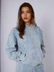 Acid Wash Oversized Crucifix Embroidered Hooded Fleece Co-ord
