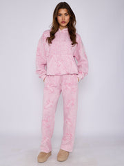 Acid Wash Oversized Crucifix Embroidered Hooded Fleece Co-ord