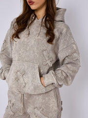 Acid Wash Oversized Crucifix Embroidered Hooded Fleece Co-ord