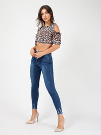 Leopard Print Cold Shoulder Crop Top - Stone