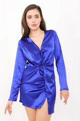 Long Sleeve Twist Front Satin Dress