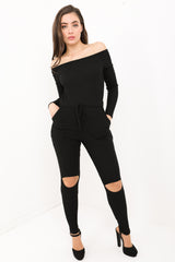 Slashed Knee Ribbed Bardot Lounge Jumpsuit