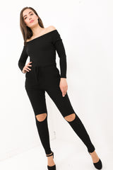 Slashed Knee Ribbed Bardot Lounge Jumpsuit