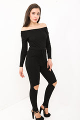 Slashed Knee Ribbed Bardot Lounge Jumpsuit