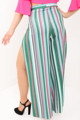 Striped Tie Waist Split Leg Trousers
