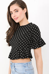 Frill Hem And Sleeve Polka Dot Crop Top