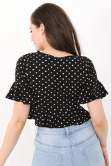 Frill Hem And Sleeve Polka Dot Crop Top