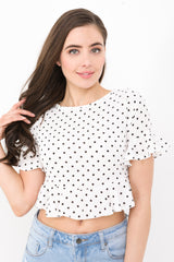 Frill Hem And Sleeve Polka Dot Crop Top