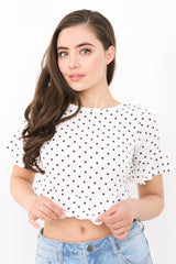Frill Hem And Sleeve Polka Dot Crop Top