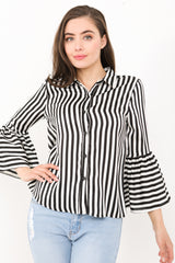 Black And White Stripe Bell Sleeve Satin Blouse