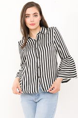 Black And White Stripe Bell Sleeve Satin Blouse