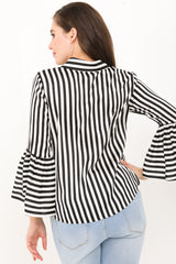 Black And White Stripe Bell Sleeve Satin Blouse