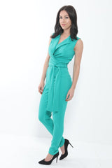 Tuxedo Style Tie Waist Wrap Jumpsuit