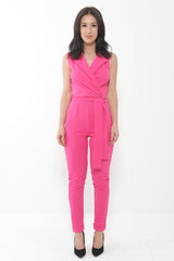Tuxedo Style Tie Waist Wrap Jumpsuit