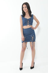 Denim Lace Up Eyelet Two Piece Set