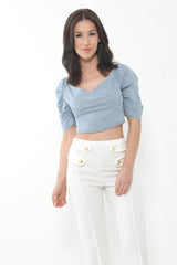 Denim Puff Sleeved Bardot Crop Top