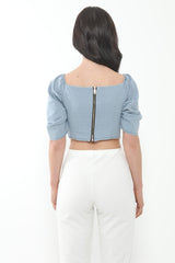 Denim Puff Sleeved Bardot Crop Top
