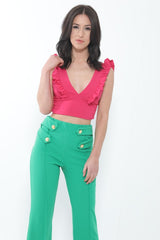 Ruched Frill Strap Plunge Crop Top