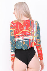 Key Scarf Print Wrap Front Bodysuit
