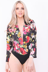 Floral Print Wrap Front Satin Bodysuit