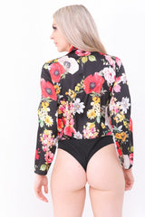 Floral Print Wrap Front Satin Bodysuit