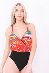 Key Scarf Print Wrap Front Cami Bodysuit