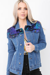Sequined Distressed Denim Jacket