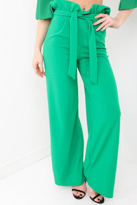 Wide Leg Paper Bag Tie Waist Trousers - Green
