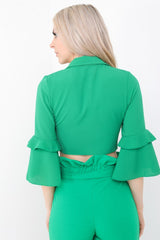 Tie Front Frill Sleeve Crop Top