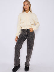 Fleeced Cropped Bomber Jacket