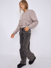 Fleeced Cropped Bomber Jacket